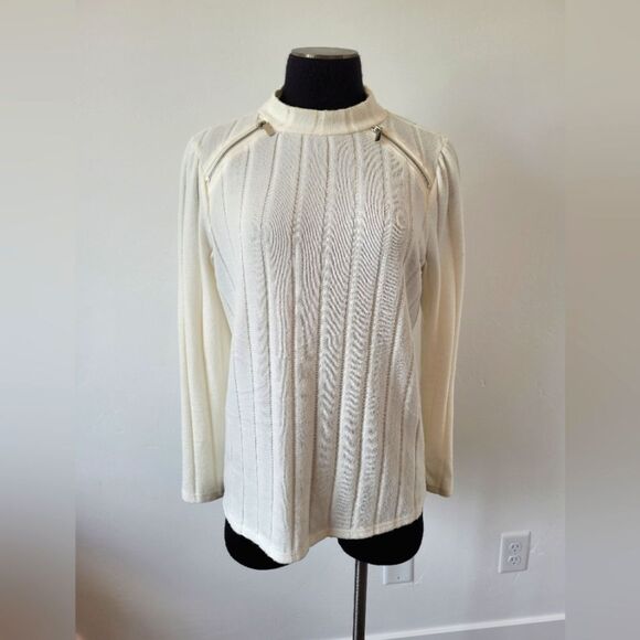 Adrienne Vittadini Cream Lightweight Sweater Semi Sheer Ribbed Old Money Medium - Picture 1 of 10